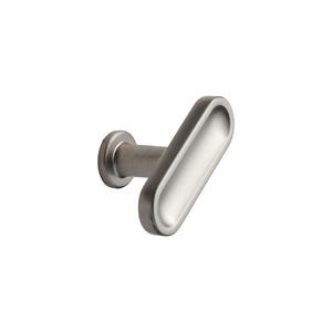 May include: A contemporary cabinet knob in brushed metal, featuring an oval, white central section. The knob has a rounded, cylindrical base and a minimalist design. The oval section is approximately 7.6 cm long.
