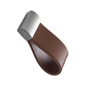 May include: A brown leather cabinet pull with a silver-coloured metal cap. The pull has a loop design and is set against a white background. Suitable for drawers and cabinets.
