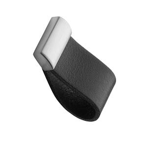 May include: A black leather cabinet pull with a brushed silver metal cap. The pull is a loop shape, designed for easy gripping. The hardware is set against a plain white background.