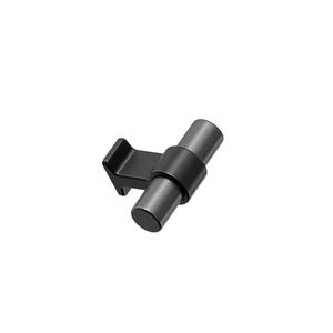 May include: A black metal cabinet knob. The cylindrical handle is held in place by a black band, and it has a rectangular mounting plate. This knob is designed for easy installation on cabinet doors and drawers.