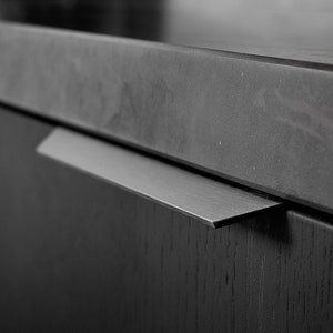 May include: A close-up of a dark grey cabinet with a brushed metal handle. The handle is flush with the cabinet door and has a subtle curve.