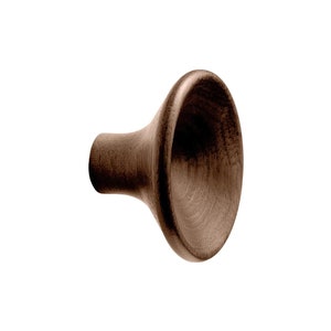 May include: A brown wooden cabinet knob with a rounded, conical shape. The knob has a short, cylindrical base and a smooth, curved front. The wood grain is visible, adding texture to the design. The knob is likely for a cabinet or drawer.