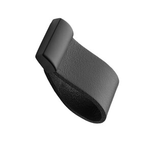 May include: A black leather drawer pull with a rectangular top and a curved, loop-like handle. The pull is made of a textured material and is set against a white background.
