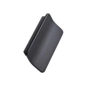 May include: A dark grey, curved, rectangular object with a slightly angled top. The object has a smooth, non-reflective surface and appears to be made of a solid material. The design is minimalist and modern.