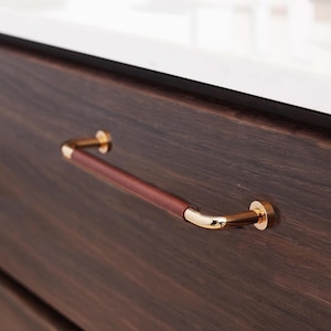 May include: A contemporary cabinet pull featuring a dark brown wooden handle and gold-coloured metal detailing. The curved handle is attached to the cabinet with circular gold-coloured hardware. The cabinet is dark brown.