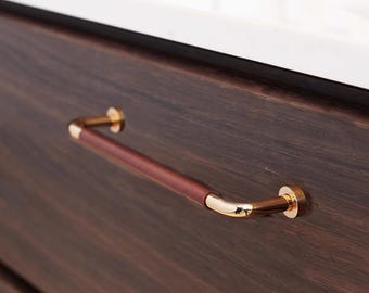 Tirador de salón Furnipart de cuero marrón oscuro/latón pulido de 160 mm