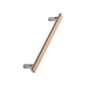 May include: A contemporary door pull featuring a light wood grain central section and polished chrome ends. The handle is angled and appears to be made of durable materials. Suitable for cabinets, drawers, or doors.