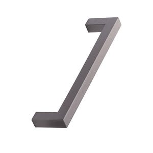 May include: A contemporary, dark grey cabinet pull handle. It features a rectangular bar and right-angled ends. The metal handle is set against a white background. Suitable for drawers and cabinets, this hardware is a stylish addition.