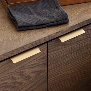 May include: Two wooden cabinet doors with gold metal drawer pulls. The cabinet doors are made of a dark wood with a wood grain pattern.