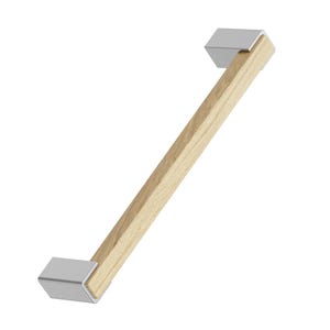 May include: A cabinet handle featuring a light wood grain central section and silver-coloured end caps. The handle is angled and appears to be made of wood and metal. The hardware is designed for furniture.