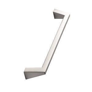 May include: A brushed nickel cabinet pull handle. The handle is a straight bar with angled, geometric ends. The hardware is a neutral silver colour and is set against a white background.