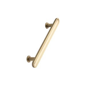 May include: A gold-coloured cabinet pull with a rounded rectangular bar and two circular mounting posts. The hardware has a smooth, matte finish and is set against a white background. Suitable for cabinets, drawers, or other furniture.