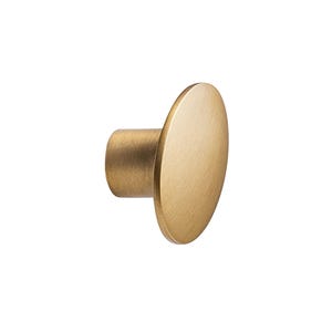 May include: A brushed gold metal hook with a round, flat top. The hook is designed for hanging items on a wall.