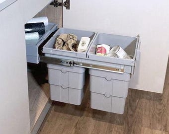 Cubo de basura extraíble de 32 l - Ninka easyWaste - Contenedor de reciclaje integrado con base - 2 cubos de basura de 16 l - Contenedor de armario con puerta abatible