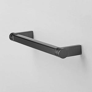 May include: A black cabinet pull with rounded edges. The pull is made of metal and has a brushed finish.