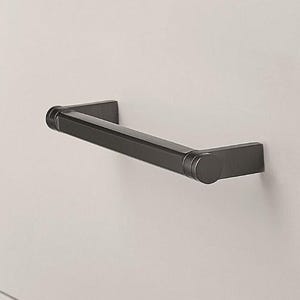 May include: A black cabinet pull with a rectangular shape and rounded edges. The pull is made of metal and has a brushed finish.