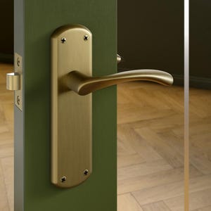 May include: A brass door handle and plate are fixed to a green door. The handle has a curved design, and the plate is rectangular with rounded edges and four screws. The door is ajar, showing a room with wooden flooring. The handle is made of brass.