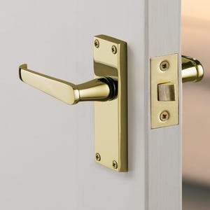 May include: A polished brass door handle and latch set. The handle has a sleek, modern lever design. The rectangular backplate is secured with screws. The latch and strike plate are also brass, creating a cohesive look. The door is white.