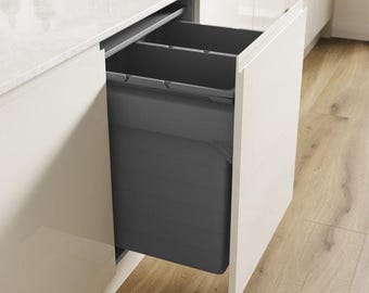 Cubo de basura extraíble de 600 mm - Sistema de reciclaje integrado de 88,2 l - Cubo de basura de armario con cierre suave Ninka/Blum - Gris Orión