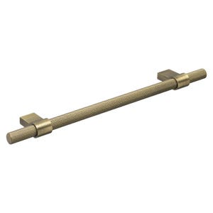 May include: A bronze-coloured cabinet pull with a textured, diamond-patterned bar and rectangular end pieces. The hardware is designed for easy installation and adds a touch of vintage style to furniture or cabinetry.