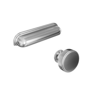 May include: A set of two brushed nickel cabinet hardware pulls. One pull is a 7.6 cm long, rectangular bar with rounded edges. The other pull is a round knob with a slightly raised edge.