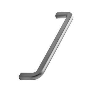 May include: A brushed metal cabinet pull handle with a modern, minimalist design. The handle is a single piece, with a straight bar and two right-angle bends, creating a simple, functional shape. The finish is a matte silver colour.