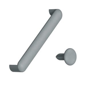 May include: A light grey, angled cabinet pull with rounded ends and a matching, circular knob. The hardware is designed for a modern aesthetic and is set against a white background.