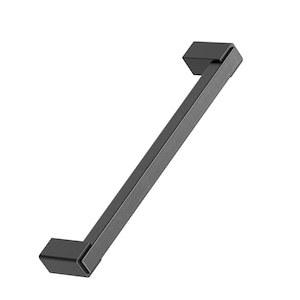 May include: A dark grey cabinet pull with a rectangular bar and square end pieces. The hardware is made of metal and is designed for use on drawers or cabinet doors. The pull is approximately 15 cm long.
