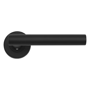 May include: A black door handle featuring a circular backplate and a cylindrical lever. The handle, made of metal, has a modern design. The image shows the handle against a white backdrop, highlighting its sleek form.