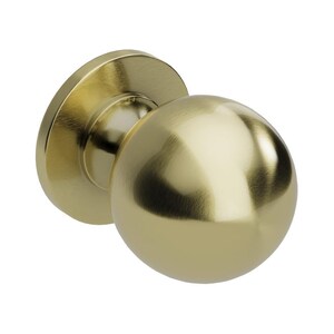 May include: A gold-toned, spherical door knob with a circular base. The knob has a brushed metal finish, reflecting light. The door hardware is designed for interior doors.