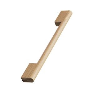 May include: A wooden cabinet pull with a rectangular shape and rounded edges. The pull is made of light brown wood and has a smooth finish.