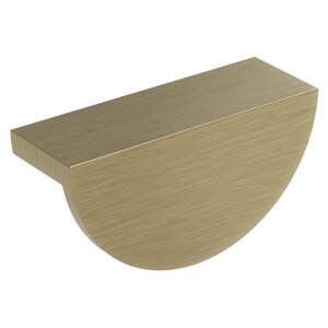 May include: A brushed brass cabinet pull with a half-moon design. The rectangular top transitions into a rounded bottom, creating a modern, minimalist aesthetic. This hardware is suitable for drawers and cabinets.