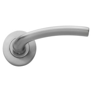 May include: A brushed steel door handle featuring a curved lever and a circular backplate. The handle is made of metal and has a smooth, matte finish. The design is modern and minimalist, suitable for interior doors.