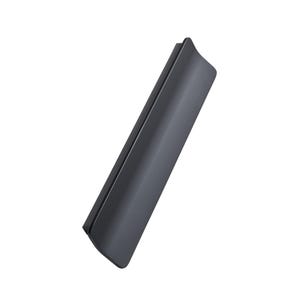 May include: A dark grey, curved, rectangular object with a smooth, matte finish. The object has a slightly rounded top and bottom, and a subtle, raised edge along one side. The overall shape is sleek and modern.