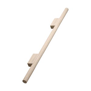 May include: A wooden cabinet handle with a long, cylindrical shape and two square-shaped brackets. The handle is light brown in colour.
