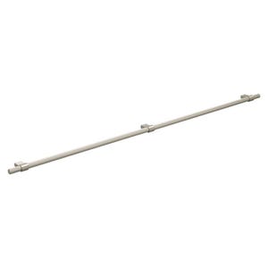 May include: A brushed nickel towel rail with a straight, cylindrical design. The rail has a simple, modern aesthetic, with square mounting brackets at each end and in the middle. Designed for wall mounting.