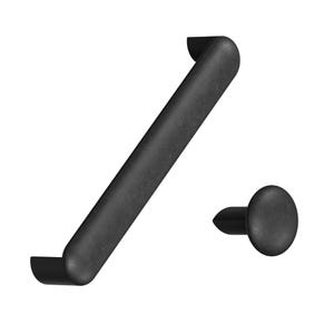 May include: Two black furniture hardware pieces on a white background. One is a long, angled handle with rounded ends. The other is a small, round-headed fastener with a pointed base. Both have a textured appearance.