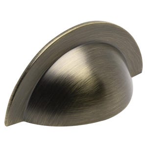 May include: A bronze-coloured, cup-style cabinet pull with a curved, half-moon shape. The hardware has a brushed metal finish, and the interior is a deeper, darker bronze. The pull is designed to be mounted on a drawer or cabinet door.