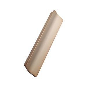 May include: A gold-coloured, rectangular cabinet pull with a curved edge. The hardware is made of metal and has a smooth, reflective surface. The pull is designed for use on drawers or cabinet doors.