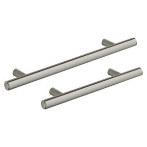 May include: Two brushed nickel cabinet pulls. One pull is longer than the other. The pulls have a cylindrical bar and cylindrical ends. The pulls are designed to be mounted horizontally. The pulls are made of metal and have a matte finish.
