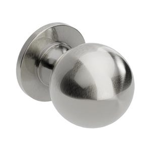 May include: A brushed steel door knob with a spherical handle. The knob is attached to a circular base. The metal has a reflective surface, and the design is simple and modern.