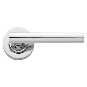 May include: A polished chrome door handle. It features a cylindrical bar and a circular base. The handle has a modern design with clean lines and a reflective surface. This door handle is a functional and stylish piece of hardware.