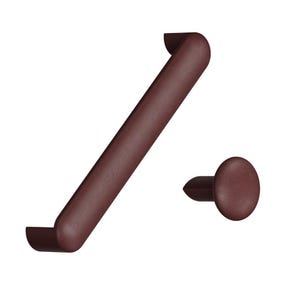 May include: A brown cabinet pull and a matching knob against a white backdrop. The pull is a long, angled rectangle with rounded ends. The knob is a small, circular shape with a short, cylindrical stem.