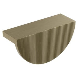 May include: A gold-coloured cabinet pull with a half-moon shape and a rectangular top. The front of the pull has vertical grooved detailing. The hardware is designed for furniture and cabinetry.