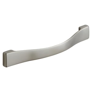 May include: A silver-toned, curved cabinet pull handle with a smooth, brushed finish.