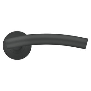 May include: A black door handle featuring a curved lever and a circular backplate. The handle is made of metal and has a smooth, matte finish. The design is modern and minimalist.