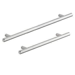 May include: Two polished chrome cabinet pulls. One is longer than the other. The pulls have a cylindrical bar design with rounded ends. Suitable for kitchen or bathroom cabinets. The pulls are on a white background.