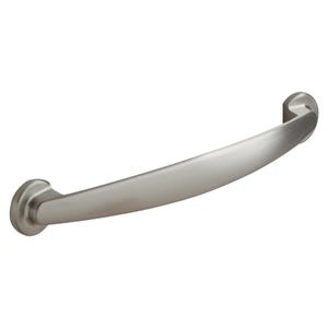 May include: A brushed nickel cabinet pull with a curved design. The pull is approximately 12.7 cm long.