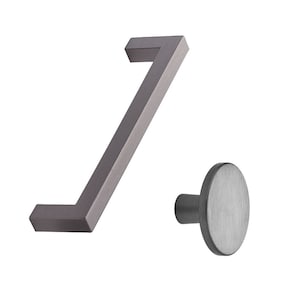 May include: A set of two brushed nickel cabinet hardware pulls. One pull is a long, rectangular bar with a 90-degree bend. The other pull is a round knob with a short, cylindrical stem.