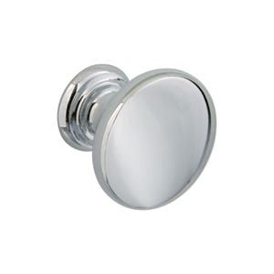 May include: A polished chrome cabinet knob with a circular face and a rounded base. The knob has a reflective surface, giving it a bright, shiny appearance. Suitable for drawers and cabinets.